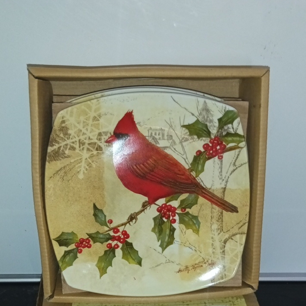 4 Holiday Desert/Salad Red Cardinal Plates. 8" square.